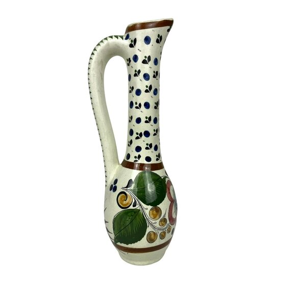 Mexican Folk Art Pottery Hand-Painted Thin Tall Vase Pitcher Floral 11-1/2" - Picture 3 of 8
